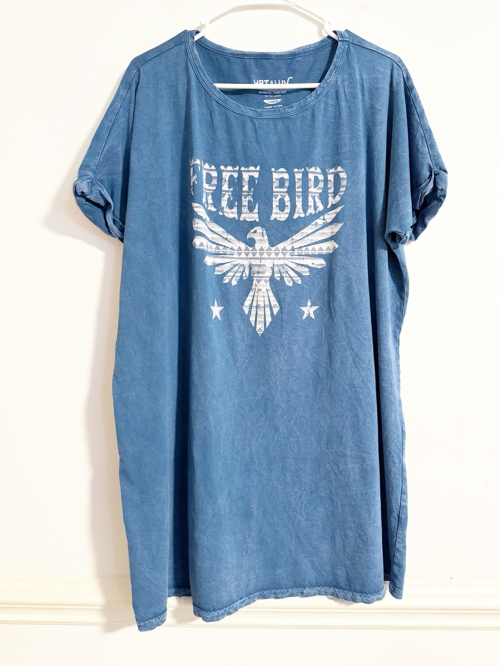 HRT & LUV Mineral Wash Free Bird Oversized Graphic Tee Blue Large